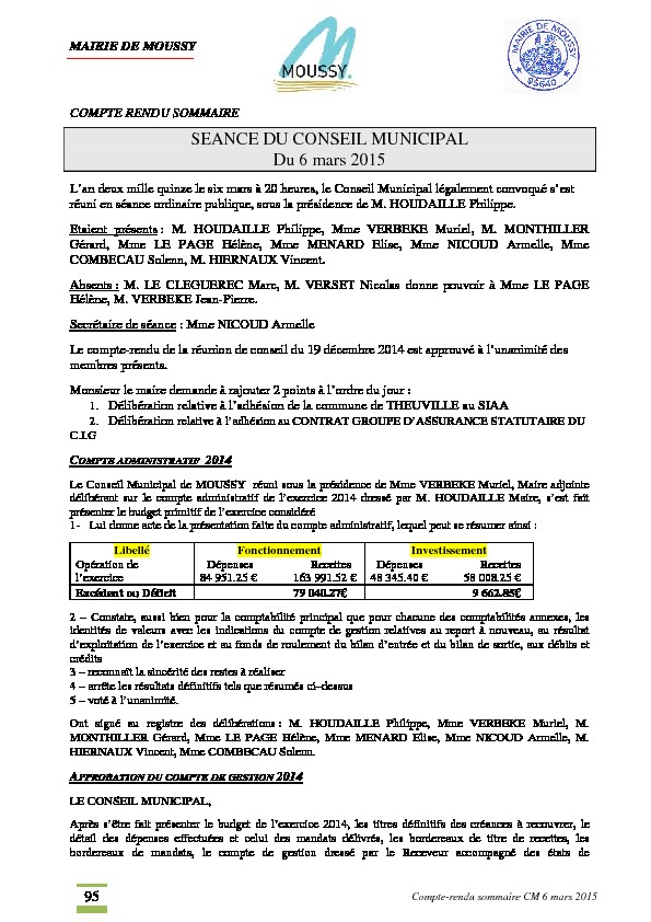 Compte rendu du conseil municipal du 6 mars 2015