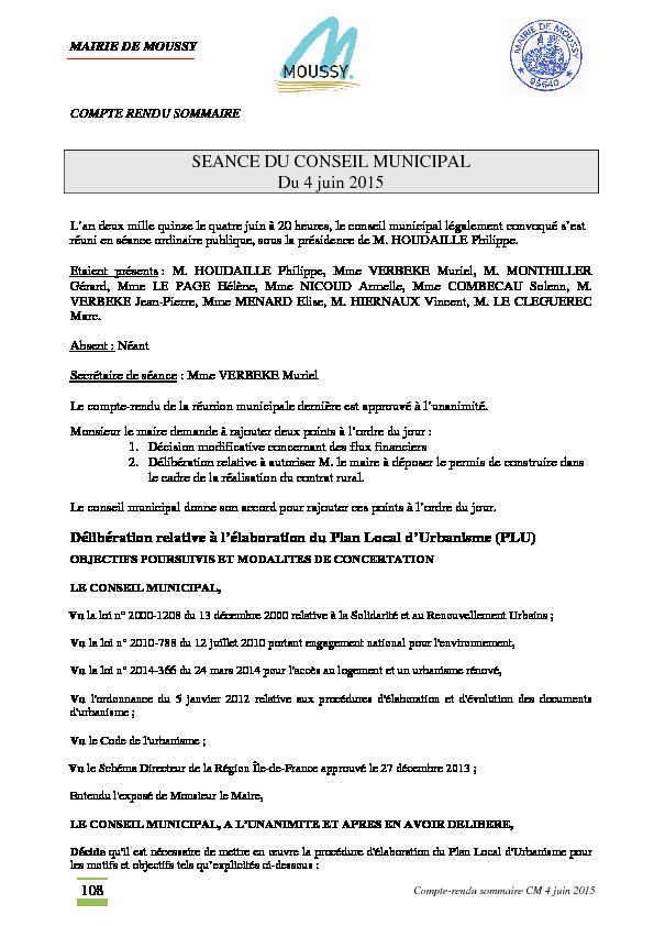 Compte rendu du conseil municipal du 4 juin 2015