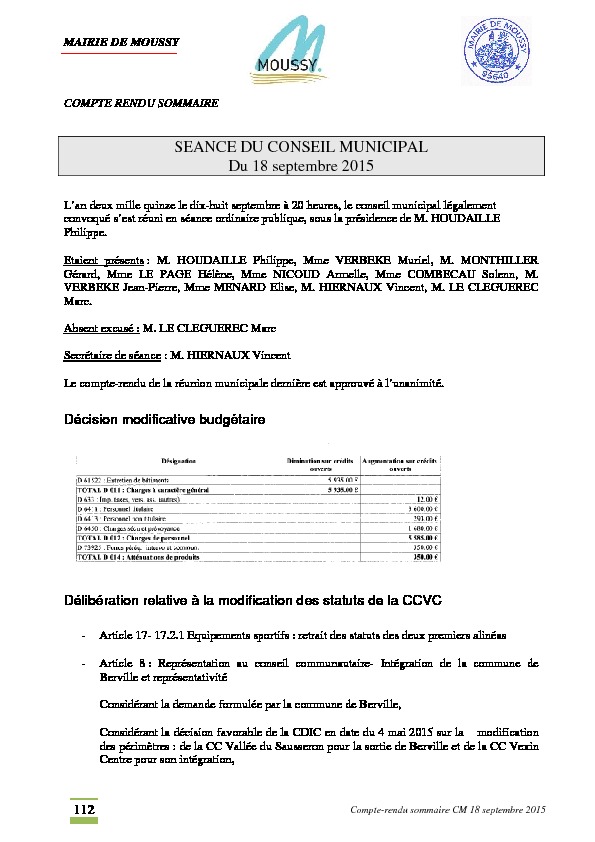 Compte rendu du conseil municipal du 18 septembre 2015