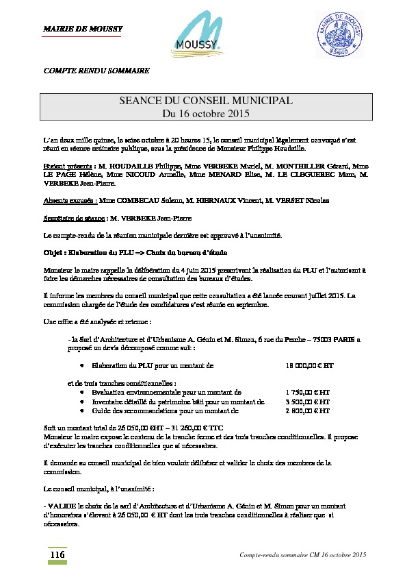 Compte rendu du conseil municipal du 16 octobre 2015