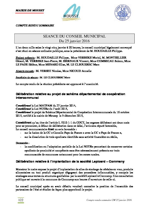 Compte rendu du conseil municipal du 25 janvier 2016