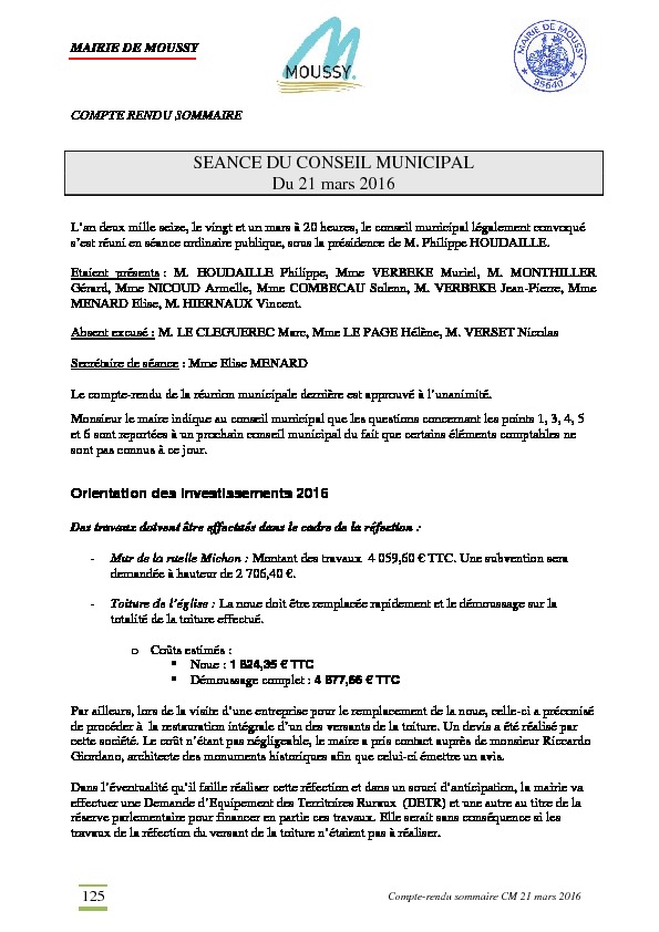 Compte rendu du conseil municipal du 21 mars 2016