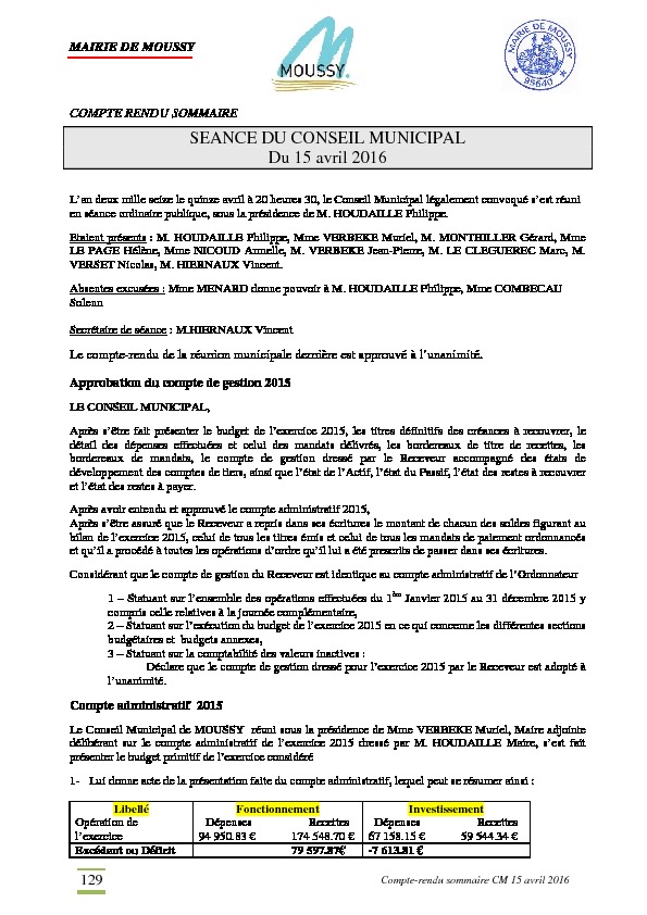Compte rendu du conseil municipal du 15 avril 2016