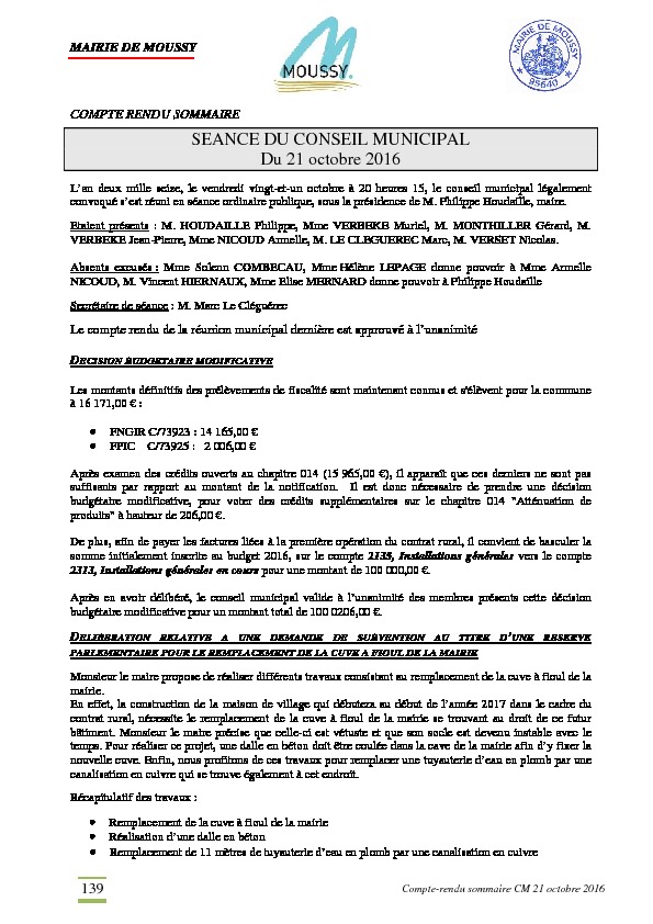 Compte rendu du conseil municipal du 21 octobre 2016