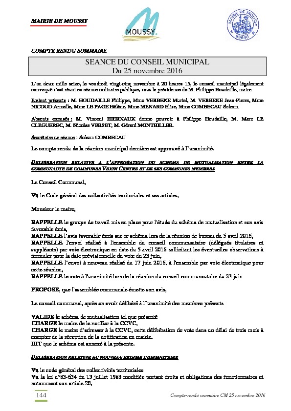 Compte rendu du conseil municipal du 25 novembre 2016