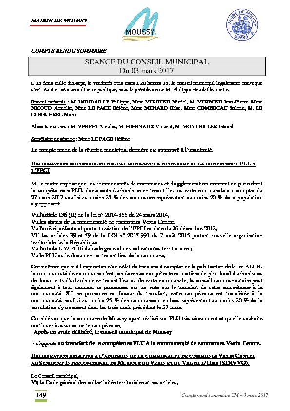 Compte rendu du conseil municipal du 03 mars 2017