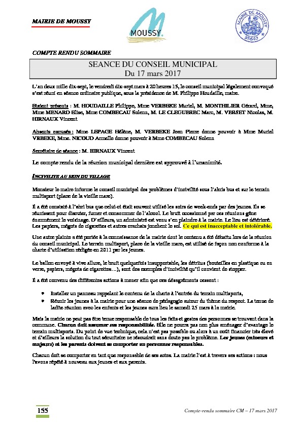 Compte rendu du conseil municipal du 17 mars 2017