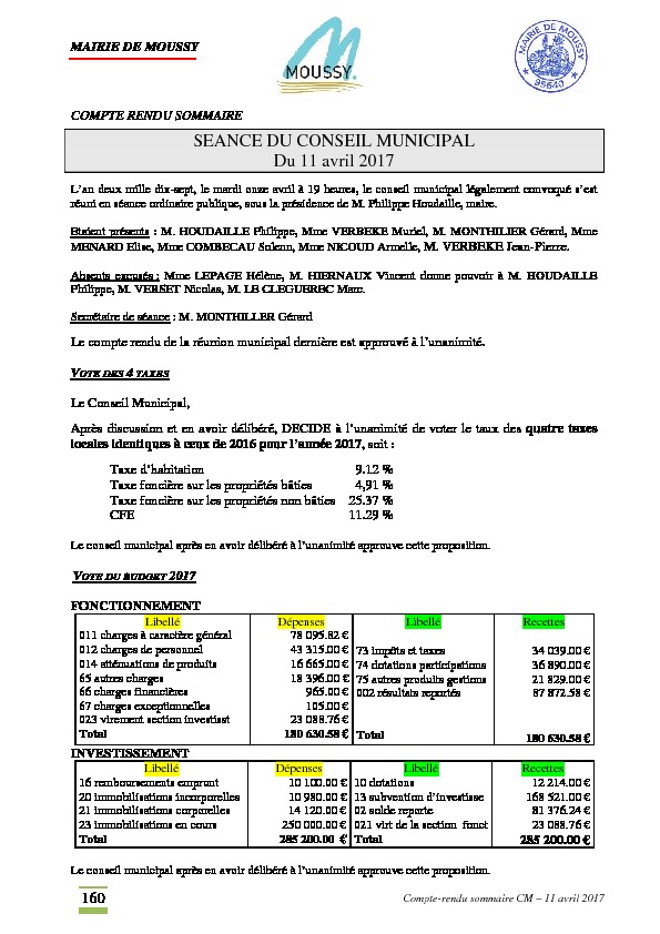 Compte rendu du conseil municipal du 11 avril 2017