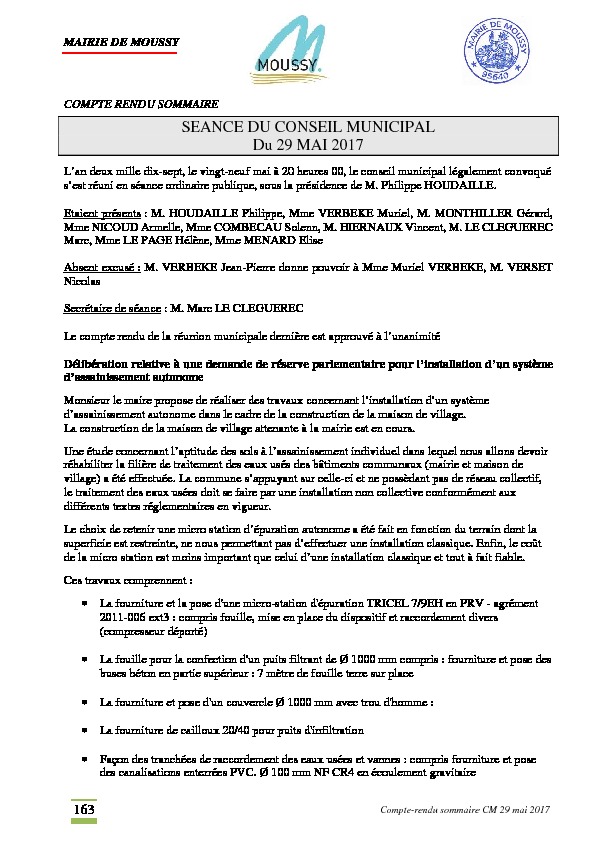 Compte rendu du conseil municipal du 29 mai 2017