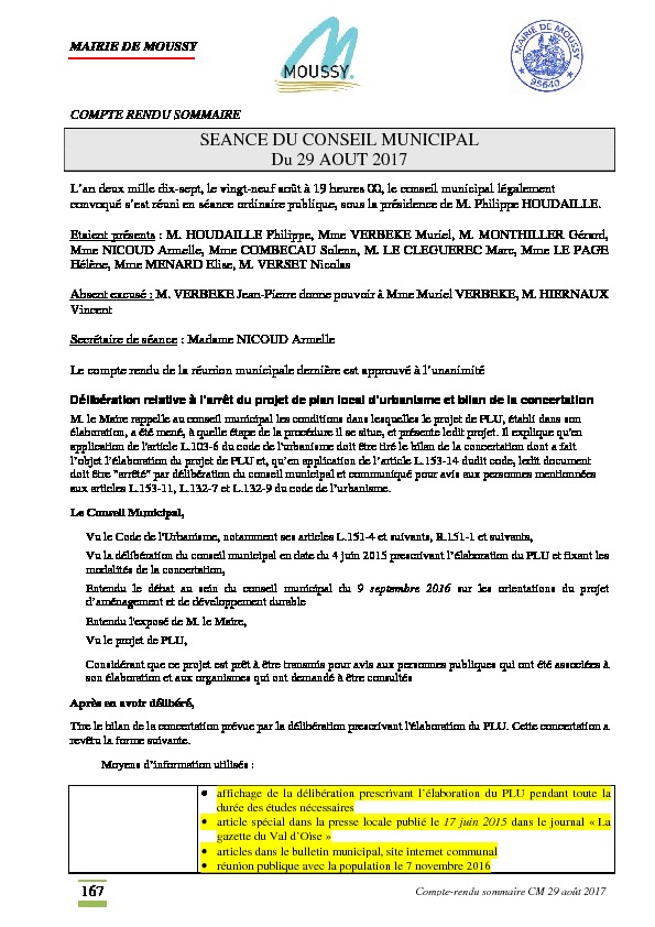 Compte rendu du conseil municipal du 29 août 2017