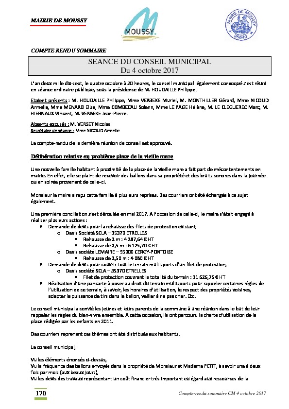 Compte rendu du conseil municipal du 4 octobre 2017