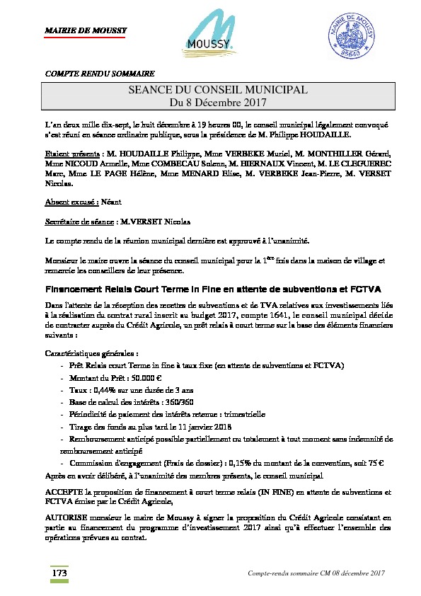 Compte rendu du conseil municipal du 8 décembre 2017
