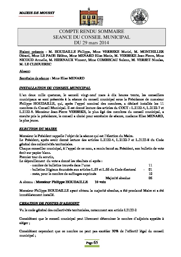 Compte rendu du conseil municipal du 29 mars 2014