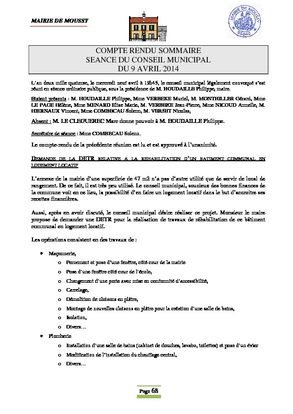 Compte rendu du conseil municipal du 9 avril 2014