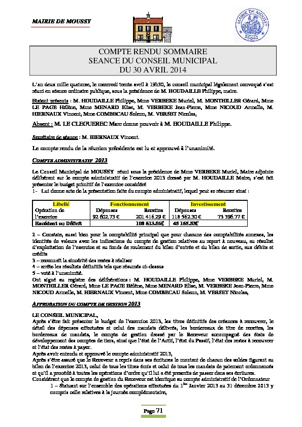 Compte rendu du conseil municipal du 26 juin 2014