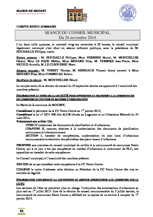Compte rendu du conseil municipal du 26 novembre 2014