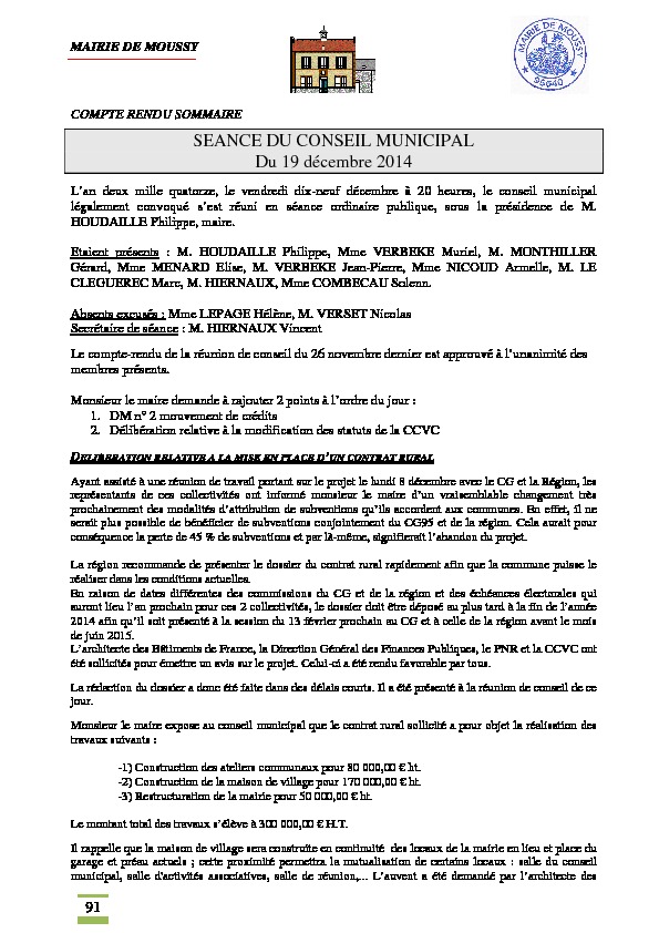 Compte rendu du conseil municipal du 19 décembre 2014