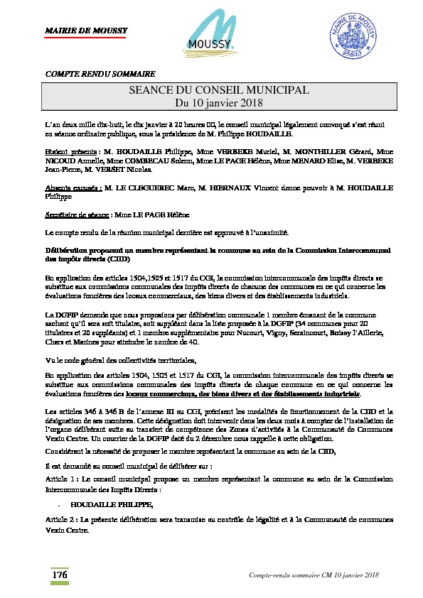 Compte rendu du conseil municipal du 10 janvier 2018
