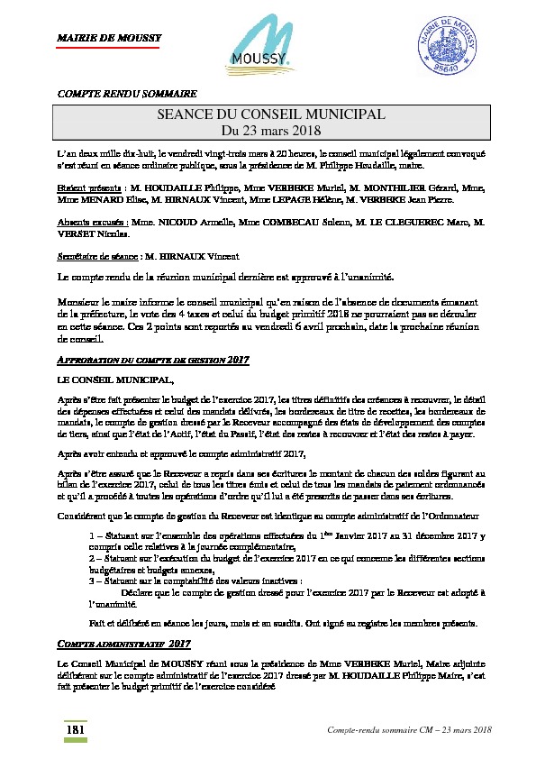 Compte rendu du conseil municipal du 23 mars 2018
