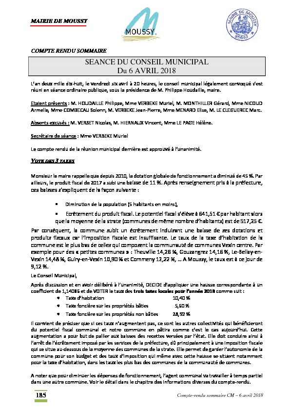 Compte rendu du conseil municipal du 6 avril 2018