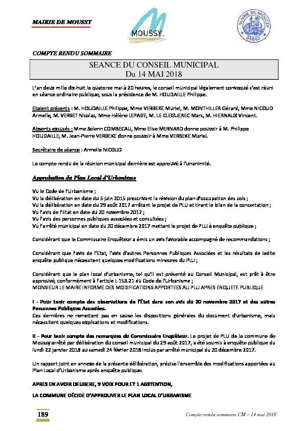 Compte rendu du conseil municipal du 14 mai 2018