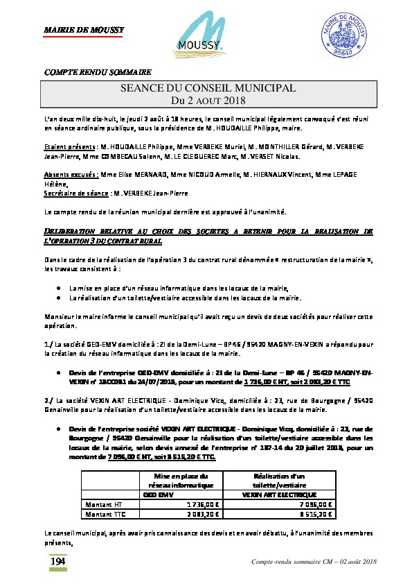Compte rendu du conseil municipal du 02 août 2018