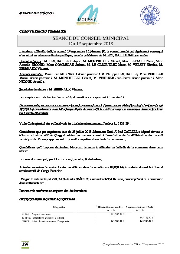 Compte rendu du conseil municipal du 1er septembre 2018