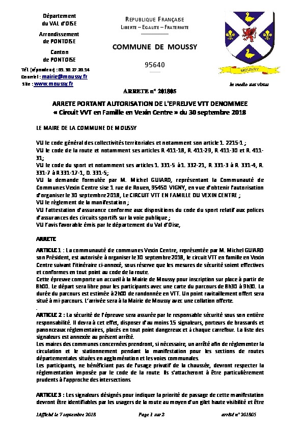 ARRÊTÉ n° 201805  PORTANT AUTORISATION DE L’ÉPREUVE VTT DÉNOMMÉE « Circuit VTT en Famille en Vexin Centre » du 30 septembre 2018