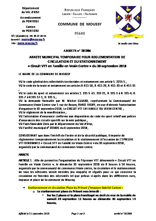 ARRÊTÉ n° 201806  POUR RÉGLEMENTATION DE CIRCULATION ET DU STATIONNEMENT  « Circuit VTT en Famille en Vexin Centre » du 30 septembre 2018