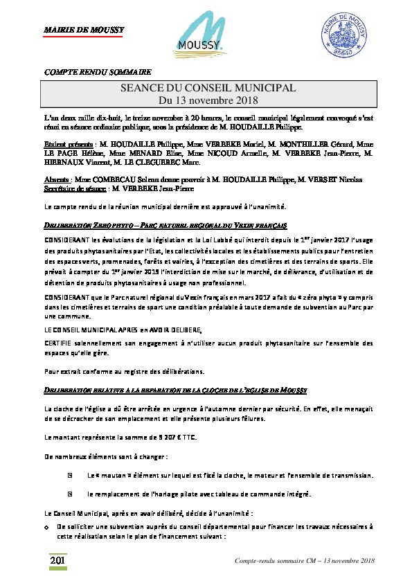 Compte rendu du conseil municipal du 13 novembre 2018