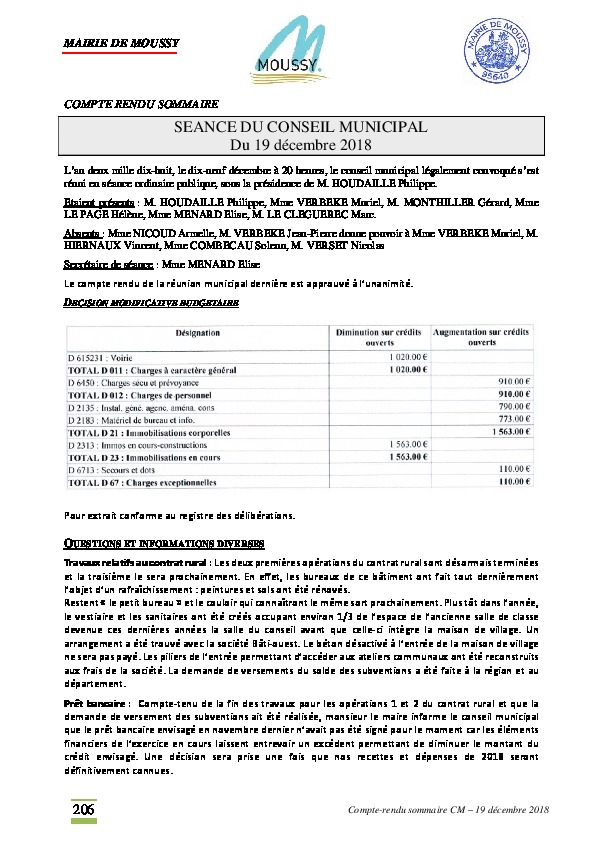 Compte rendu du conseil municipal du 19 décembre 2018