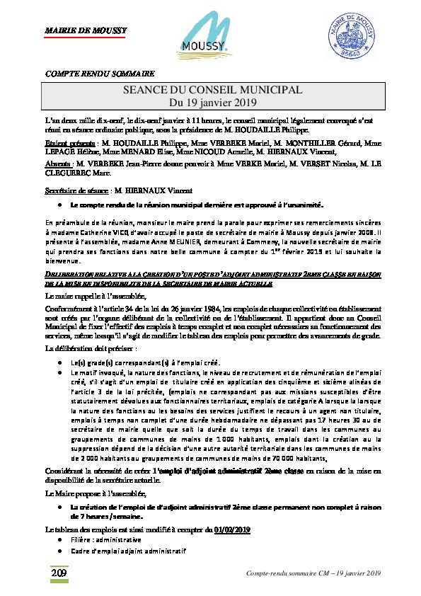 Compte rendu du conseil municipal du 19 janvier 2019