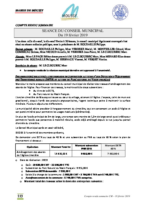 Compte rendu du conseil municipal du 19 février 2019