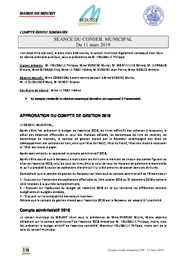 Compte rendu du conseil municipal du 11 mars 2019