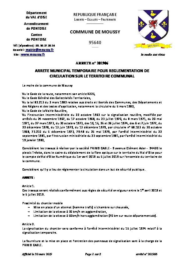 Arrêté temporaire de circulation – PRIMO-CABLE