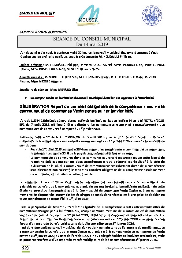 Compte rendu du conseil municipal du 14 mai 2019