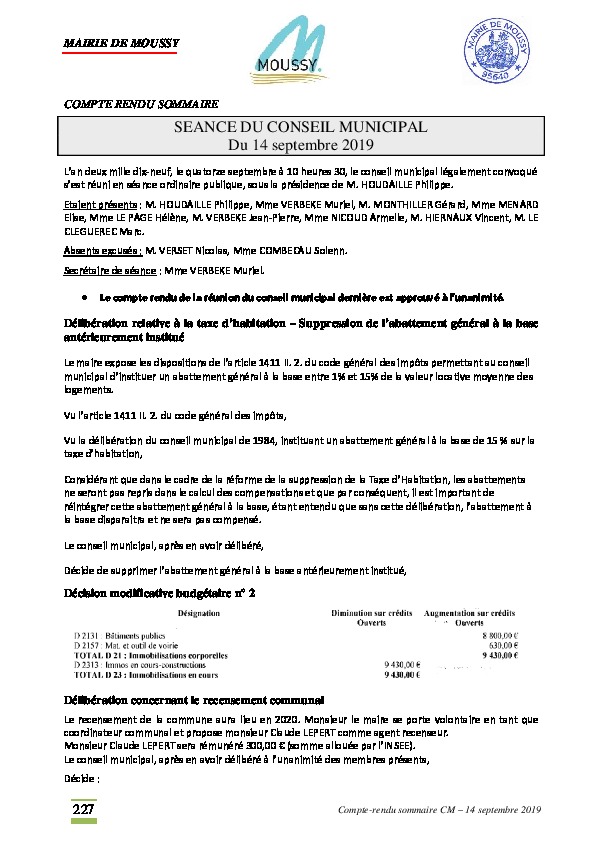 Compte rendu du conseil municipal du 14 septembre 2019