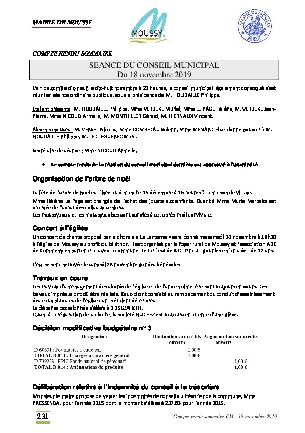 Compte rendu du conseil municipal du 18 novembre 2019