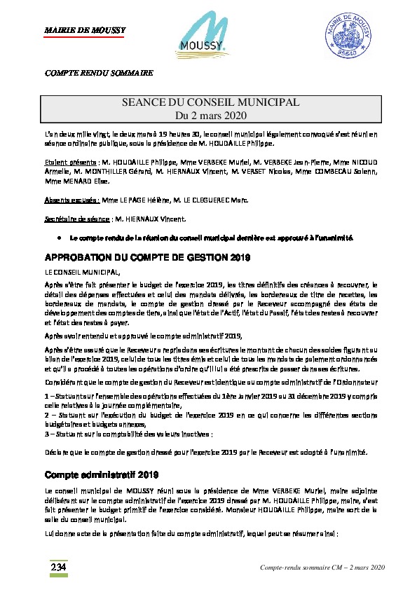 Compte rendu du conseil municipal du 2 mars 2020