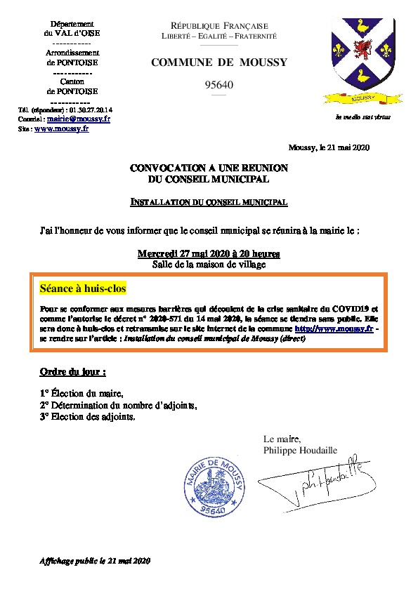 Installation du conseil municipal – 27 mai 2020