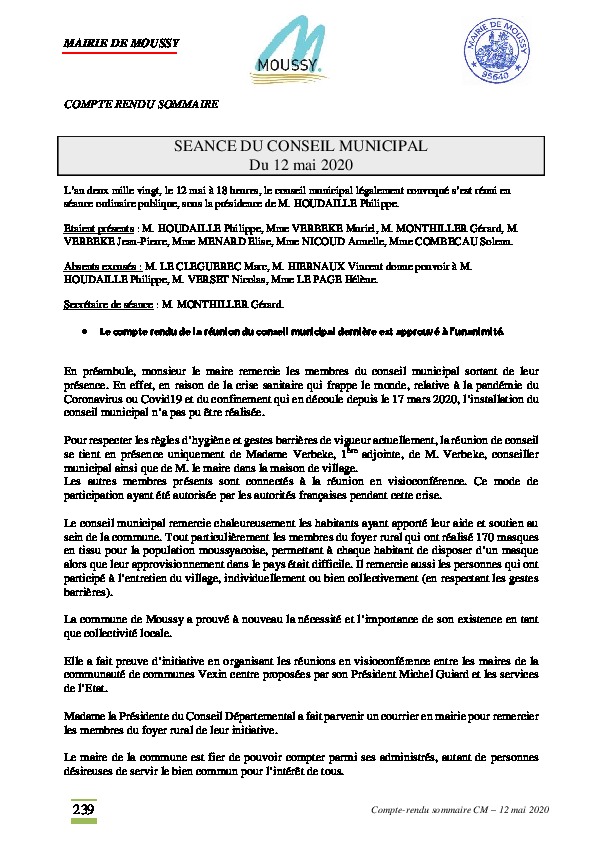 Compte rendu du conseil municipal du 12 mai 2020