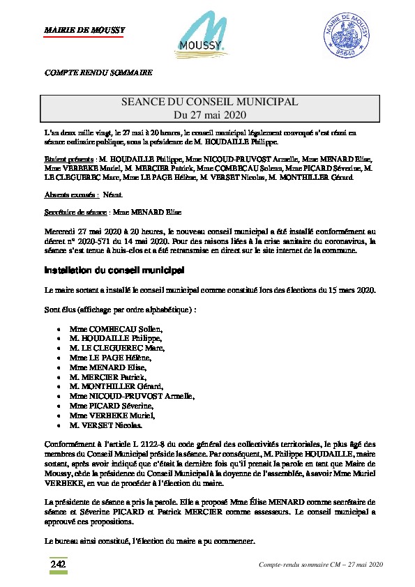 Installation du conseil municipal du 27 mai 2020