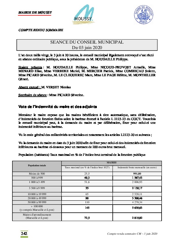Compte-rendu du conseil municipal du 3 juin 2020