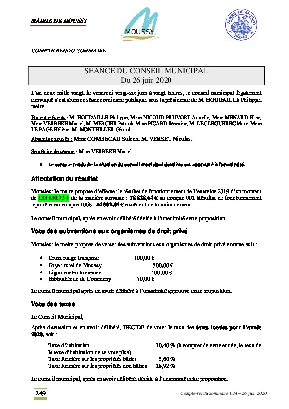Compte-rendu du conseil municipal du 26 juin 2020
