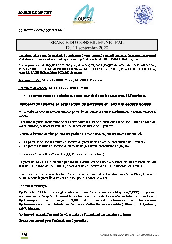 Compte-rendu du conseil municipal du 11 septembre 2020
