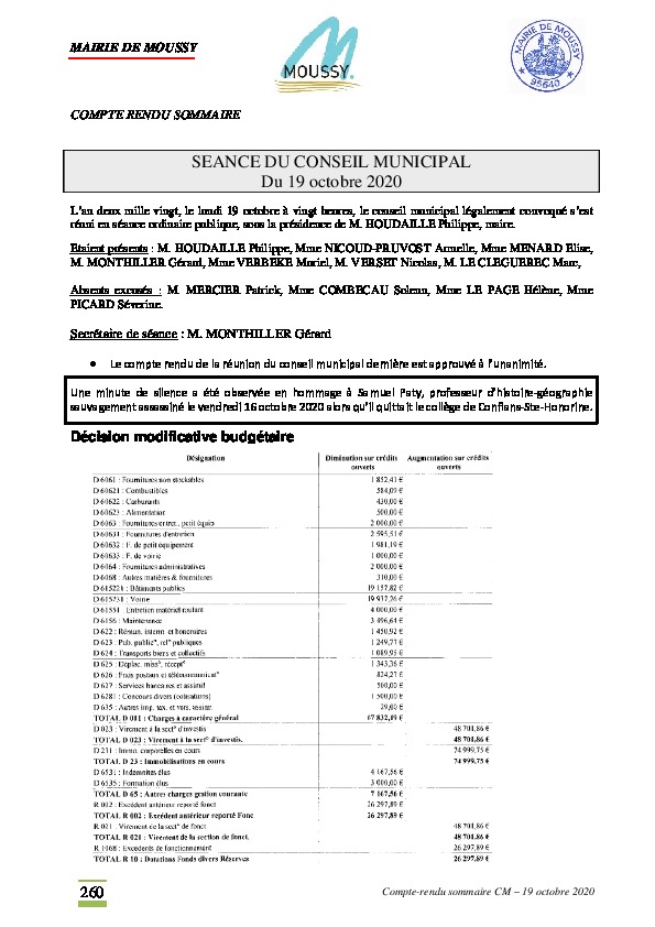 Compte-rendu du conseil municipal du 19 octobre 2020