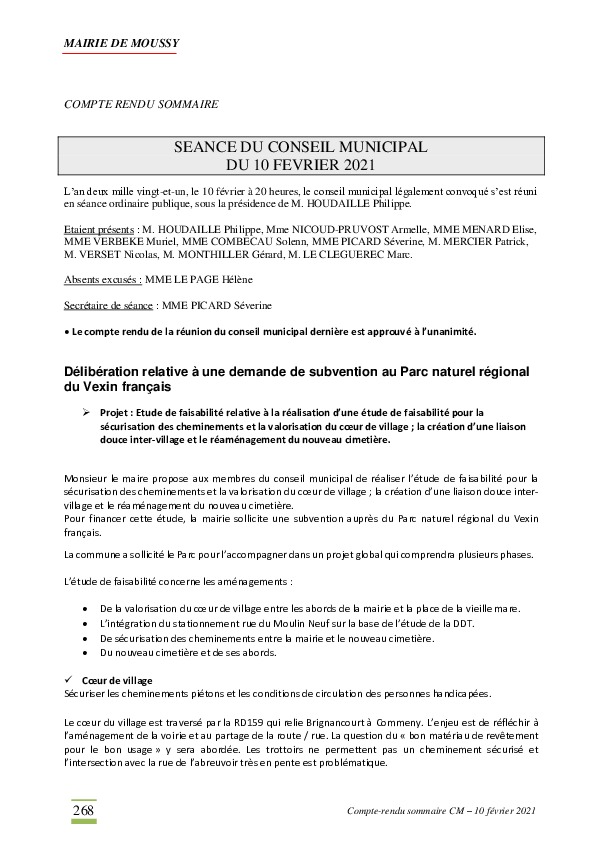 Compte-rendu du conseil municipal du 10 février 2021