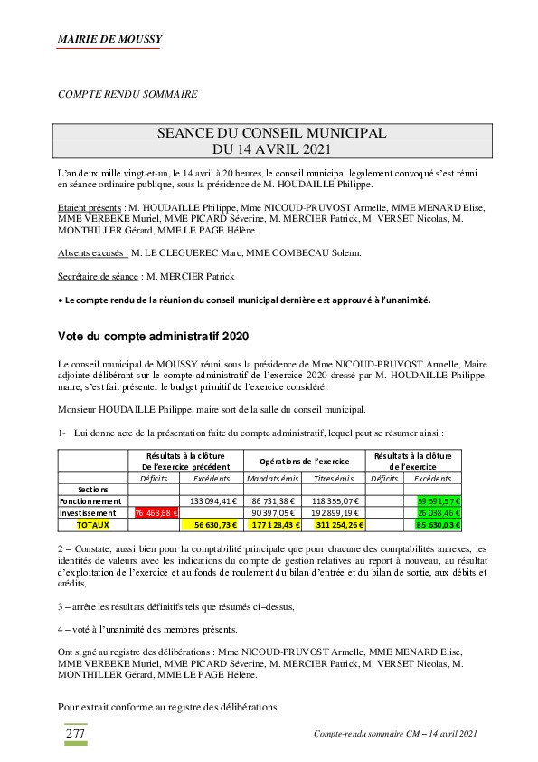 Compte-rendu du conseil municipal du 14 avril 2021