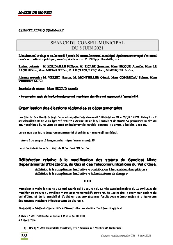 Compte-rendu du conseil municipal du 8 juin 2021