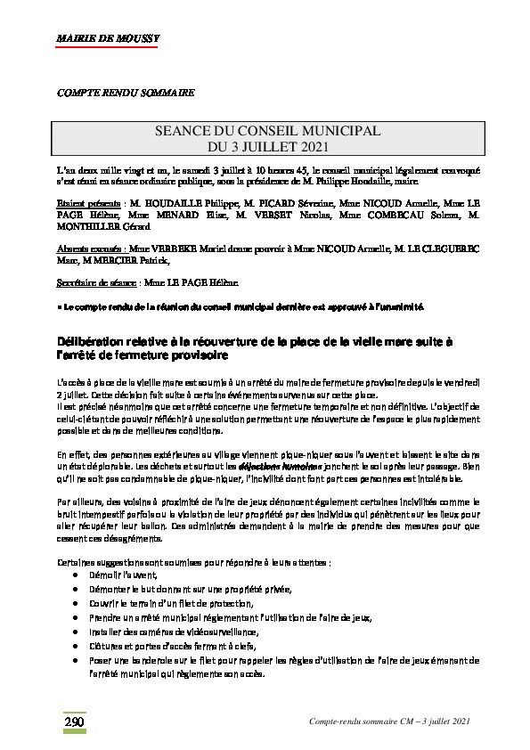Compte-rendu du conseil municipal du 3 juillet 2021